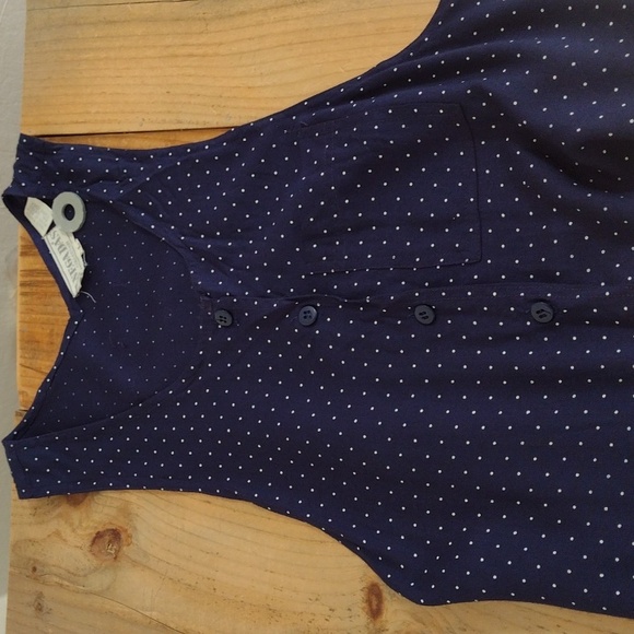 Vintage Anegada's Navy Polka Dot Drop Waist Sleeveless Midi Dress Size L - Picture 15 of 15